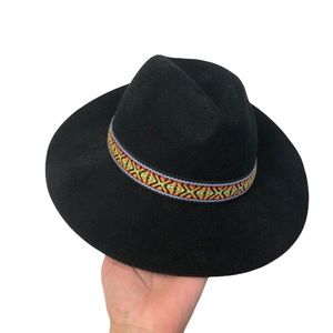 Black Wool Fedora Tapestry Trimmed Hat with Tribal Inspired Ribbon Trim